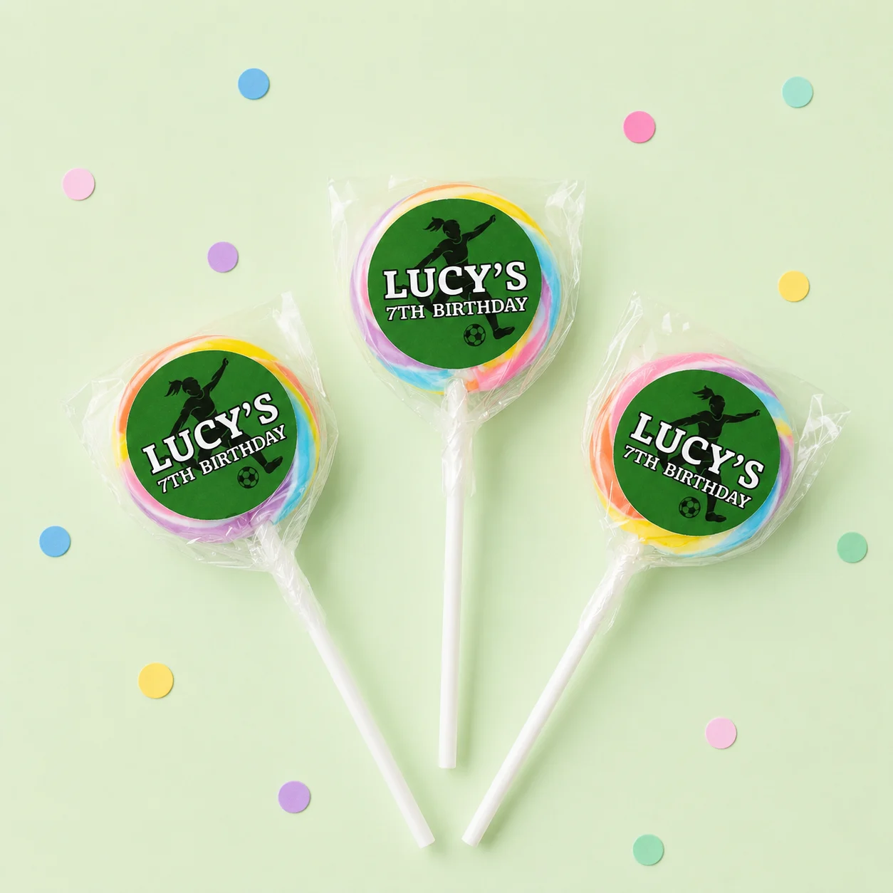Soccer personalised lollipops party favours with girls soccer birthday labels
