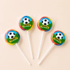 Soccer personalised lollipops party favours with soccer ball birthday labels