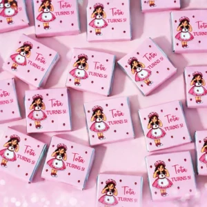 Strawberry Doll personalised mini chocolates party favours with pink strawberry birthday wrappers