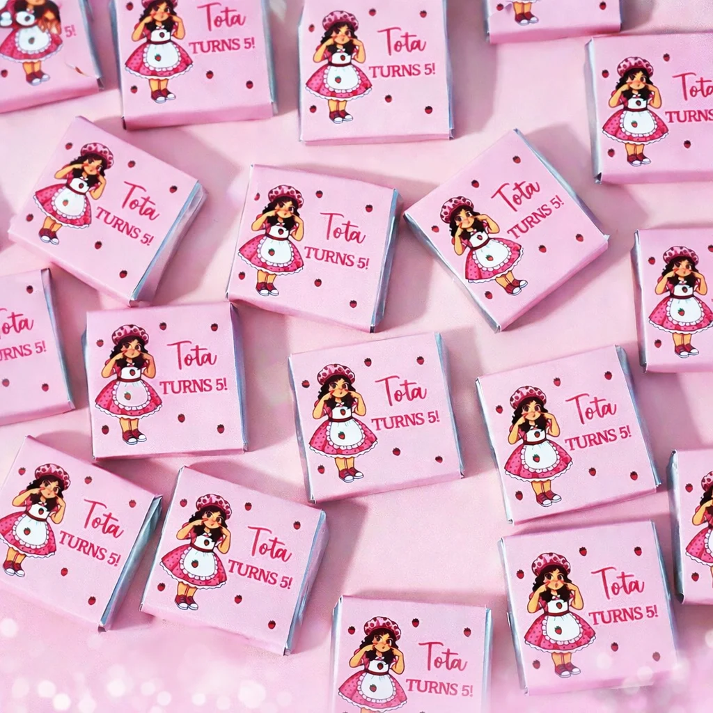 Strawberry Doll personalised mini chocolates party favours with pink strawberry birthday wrappers