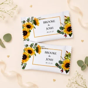 Sunflower wedding personalised candy packs party favours with couple names and floral wrapper design