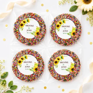 Sunflower wedding personalised giant freckles with giant chocolate freckles, rainbow sprinkles and custom floral wedding labels