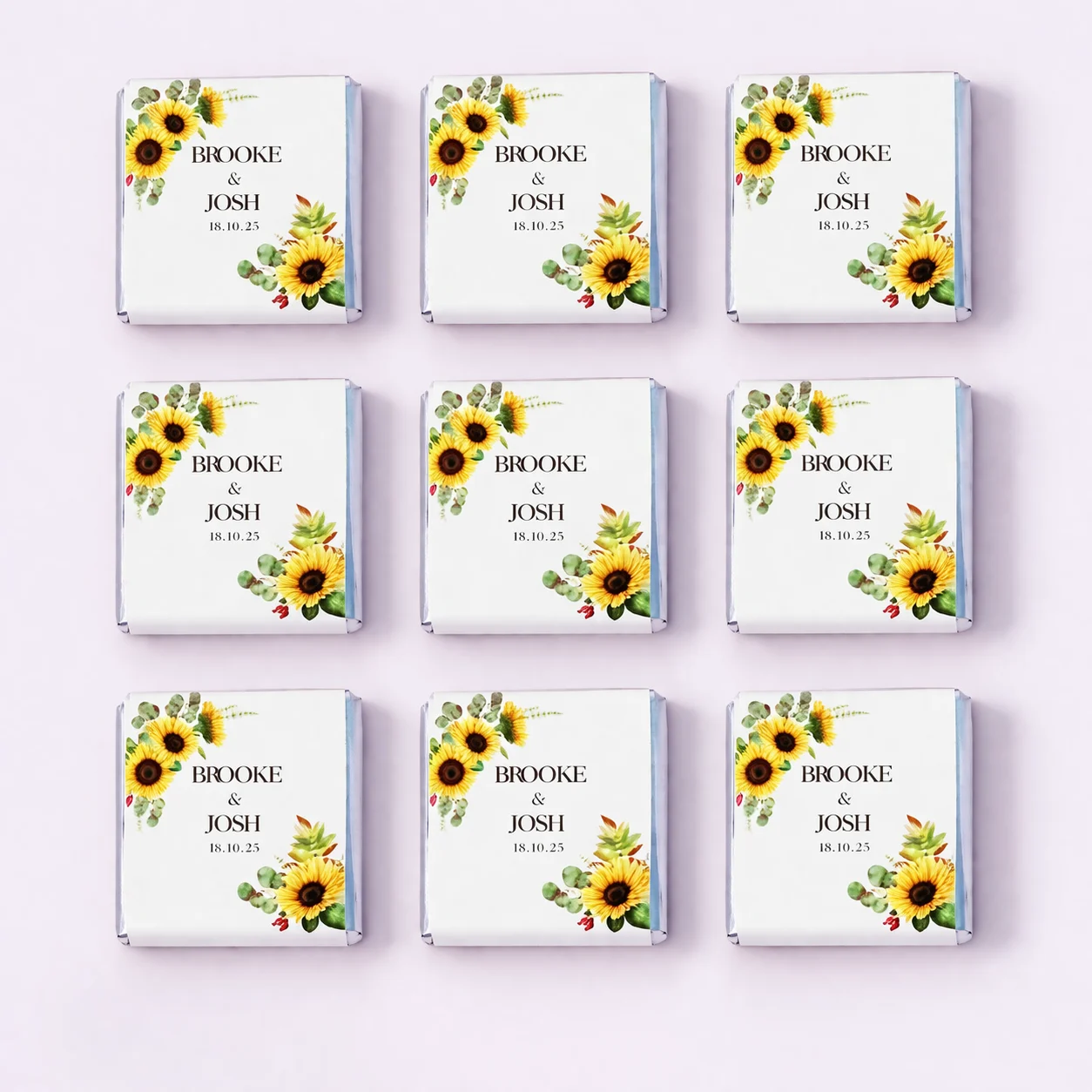 Sunflower wedding personalised mini chocolates party favours with floral wedding wrappers