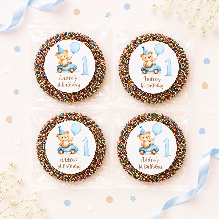 Teddy bear 1st birthday personalised giant freckles party favours with giant chocolate freckles, rainbow sprinkles and blue teddy bear labels