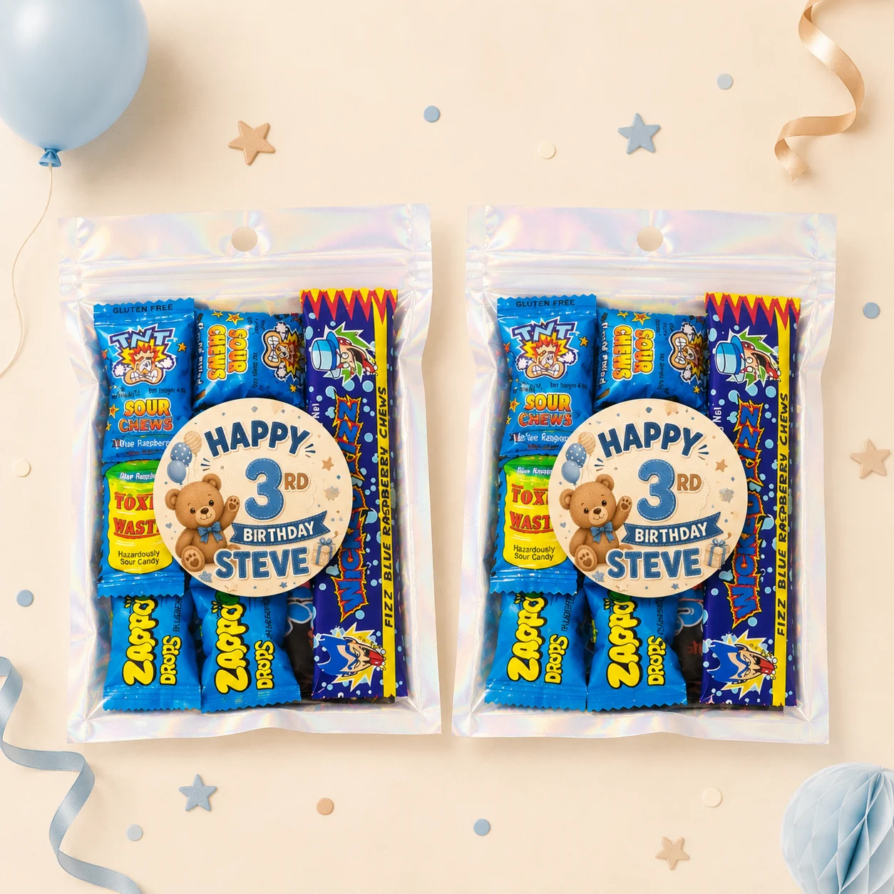 Teddy bear personalised lolly bags prefilled with assorted lollies and finished with custom blue teddy bear labels for a 3rd birthday