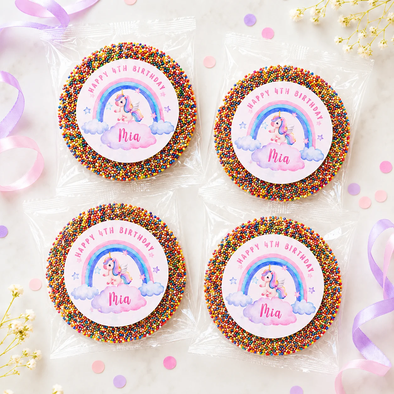 Unicorn personalised giant freckles party favours with giant chocolate freckles, rainbow sprinkles and 4th birthday unicorn labels