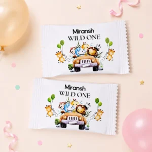 Wild One personalised candy packs party favours with safari animal birthday wrapper design