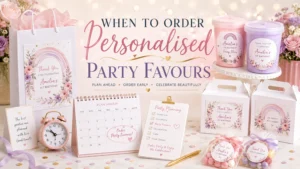 Flossty Treats personalised party favours shown with an ordering timeline from artwork proof to preparation, dispatch and delivery.