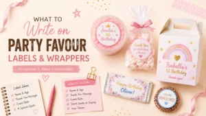 Flossty Treats labels and wrappers displaying names, ages, dates, thank-you wording and event messages across different products.