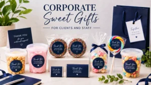 Flossty Treats corporate sweet gifts for clients and staff, including branded chocolate bars, silver-wrapped Mini Chocolates, popcorn and fairy floss.