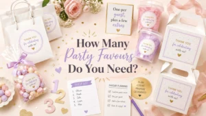 Flossty Treats party favours grouped by guest quantities beside a guest list, calculator and party-planning checklist.
