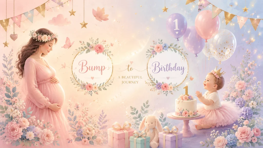 Baby Shower, Gender Reveal or First Birthday Favours guide showing Flossty Treats fairy floss, silver-wrapped mini chocolates, caramel and rainbow popcorn, a personalised lolly bag, white party bag, lollipops and individually wrapped marshmallow twists.