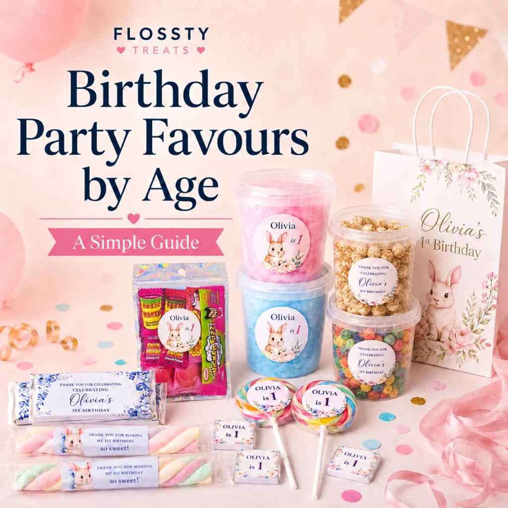 Birthday Party Favours by Age blog image showing Flossty Treats fairy floss tubs, lolly bag, caramel popcorn, rainbow popcorn, lollipops, mini chocolates, chocolate bars, marshmallow twists and a party bag.