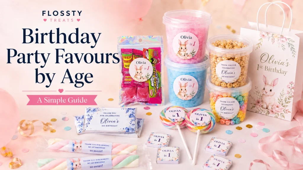Mobile blog image for Birthday Party Favours by Age showing Flossty Treats fairy floss tubs, lolly bag, caramel popcorn, rainbow popcorn, lollipops, mini chocolates, chocolate bars, marshmallow twists and a party bag.