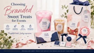 Flossty Treats branded sweet treats for corporate, school, expo and community events, including chocolates, popcorn, fairy floss and lollipops.