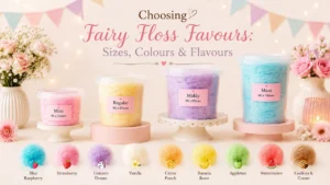 Flossty Treats fairy floss tubs in different sizes, colours and flavours with personalised labels for parties and events.