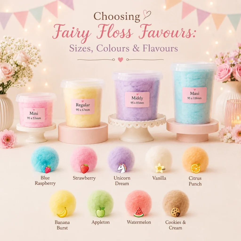 Flossty Treats fairy floss tubs in different sizes, colours and flavours with personalised labels for parties and events.