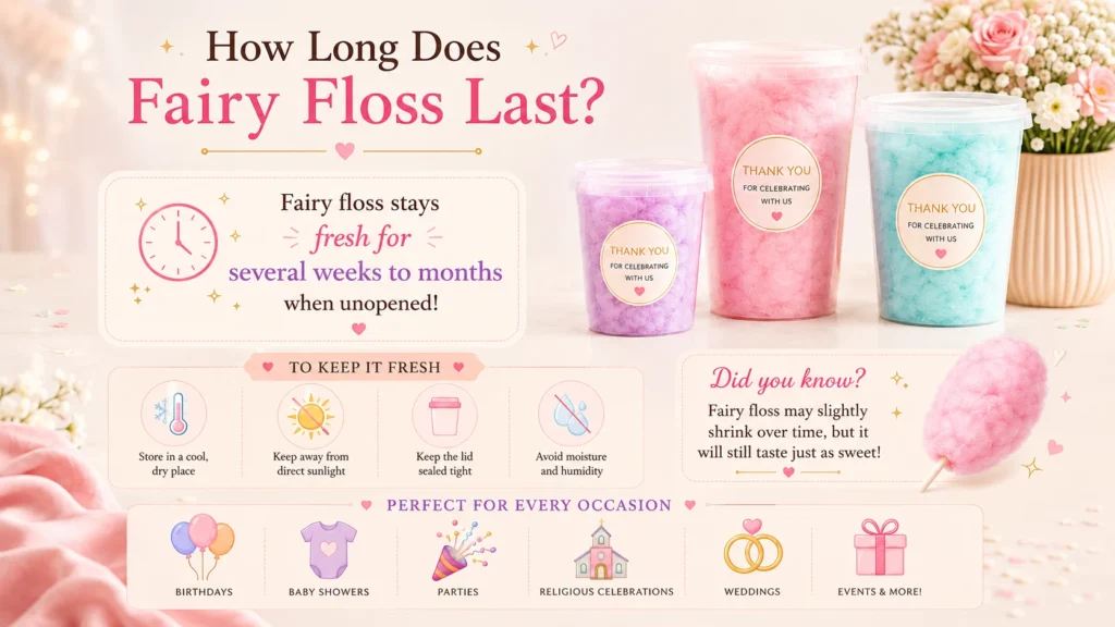 Sealed Flossty Treats fairy floss tubs stored in a cool, dry place with an event calendar and preparation notes.