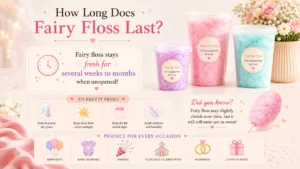 Sealed Flossty Treats fairy floss tubs stored in a cool, dry place with an event calendar and preparation notes.
