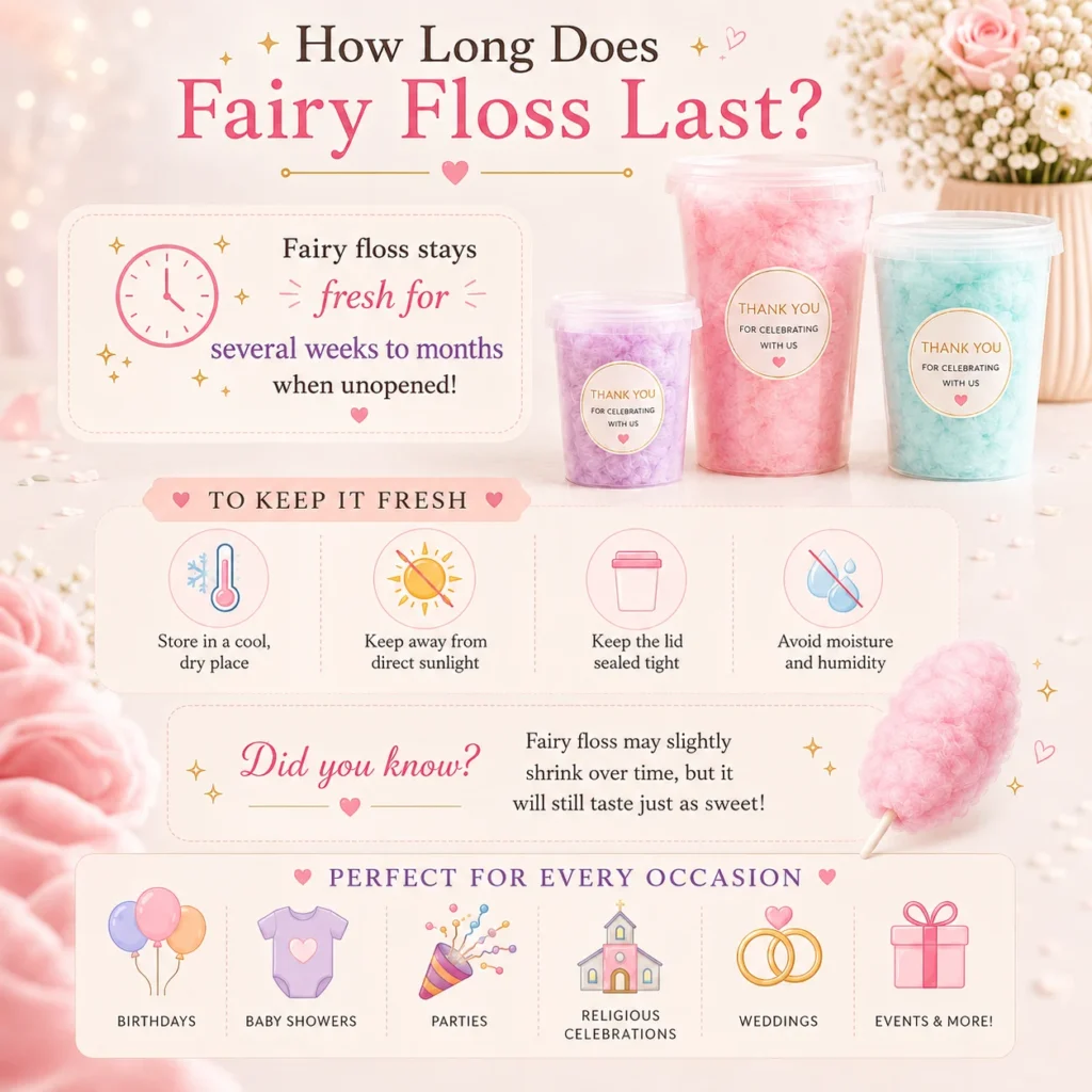 Sealed Flossty Treats fairy floss tubs stored in a cool, dry place with an event calendar and preparation notes.