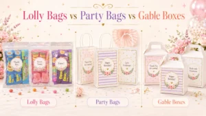 Flossty Treats prefilled lolly bag, white empty party bag and birthday gable box displayed side by side for comparison.