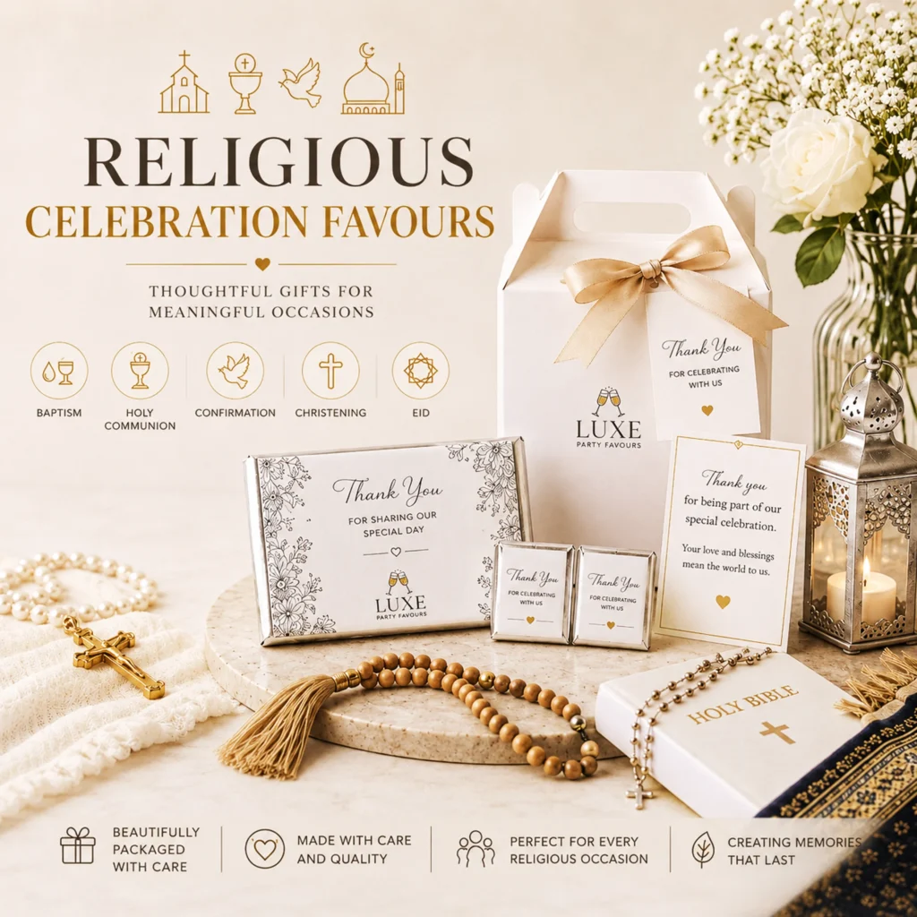 Flossty Treats religious celebration favours for Christening, Baptism, Holy Communion and Eid, with personalised treats and labels.