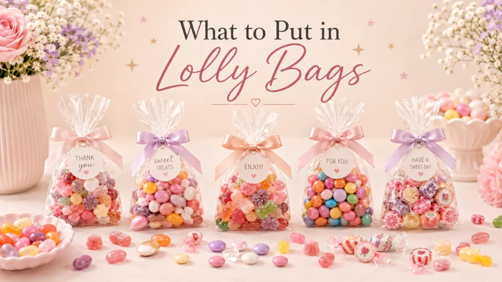 Flossty Treats holographic lolly bag with assorted sweets and a personalised circle label, shown with party bag filler ideas.
