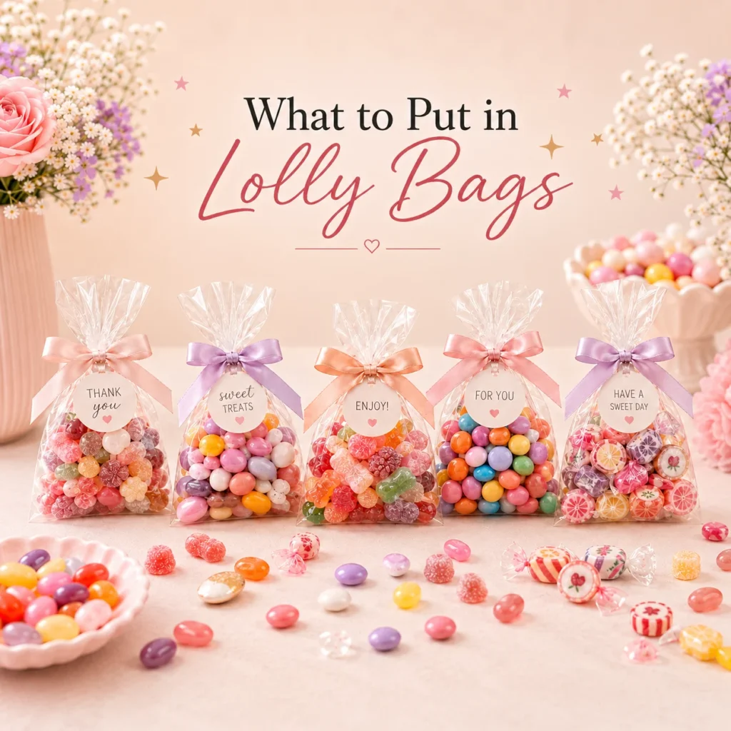 Flossty Treats holographic lolly bag with assorted sweets and a personalised circle label, shown with party bag filler ideas.