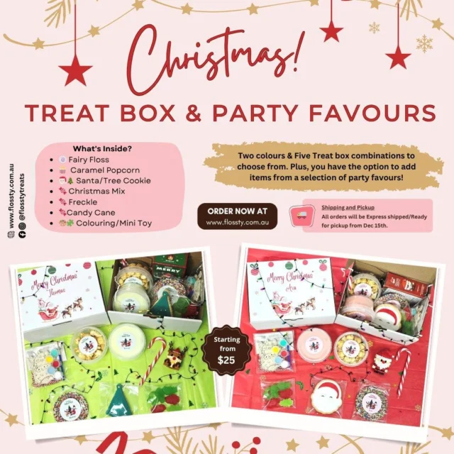 🎅✨ Celebrate the Magic of Christmas with Flossty’s Personalised Treat Box! 🎄🎁
Make this festive season extra sweet with a treat box packed full of Christmas cheer. Whether you’re gifting a loved one or treating yourself, it’s the perfect holiday delight! 💌🌟
Pre-order now at 👉 www.flossty.com.au

#fairyfloss #cottoncandy #Christmas #Christmascollections #Swirly #freckle #lollipop  #marshmallow #marshmallowtwist #candy #chocolatebar #personalised #partyfavours #sweettreats #party #PartyTime #BirthdayBash #birthdayparty #HappyBirthday #events #favours #kidsparty #sugarrush  #smallbusinessaustralia #melbournesmallbusiness #aussiemums #flossty #flosstytreats  #flosstytreats❤️ #flossty❤