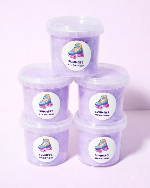 How cute are these retro roller-skate fairy floss tubs for Summer’s 8th birthday?! 💜✨ 
www.flossty.com.au
#FlosstyTreats #FairyFloss #BirthdayFavours #KidsBirthdayIdeas #RetroParty #PartyFavours #MelbourneSmallBusiness #AustralianSmallBusiness